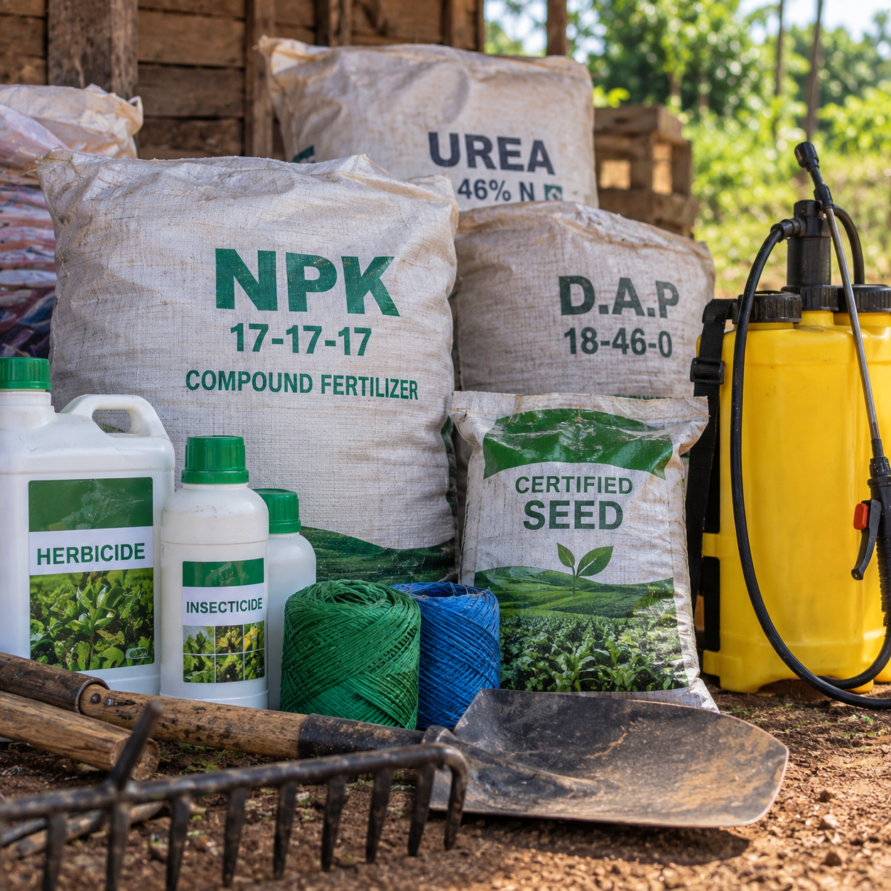 Agricultural inputs including fertiliser bags, crop protection products, seed and farming equipment.