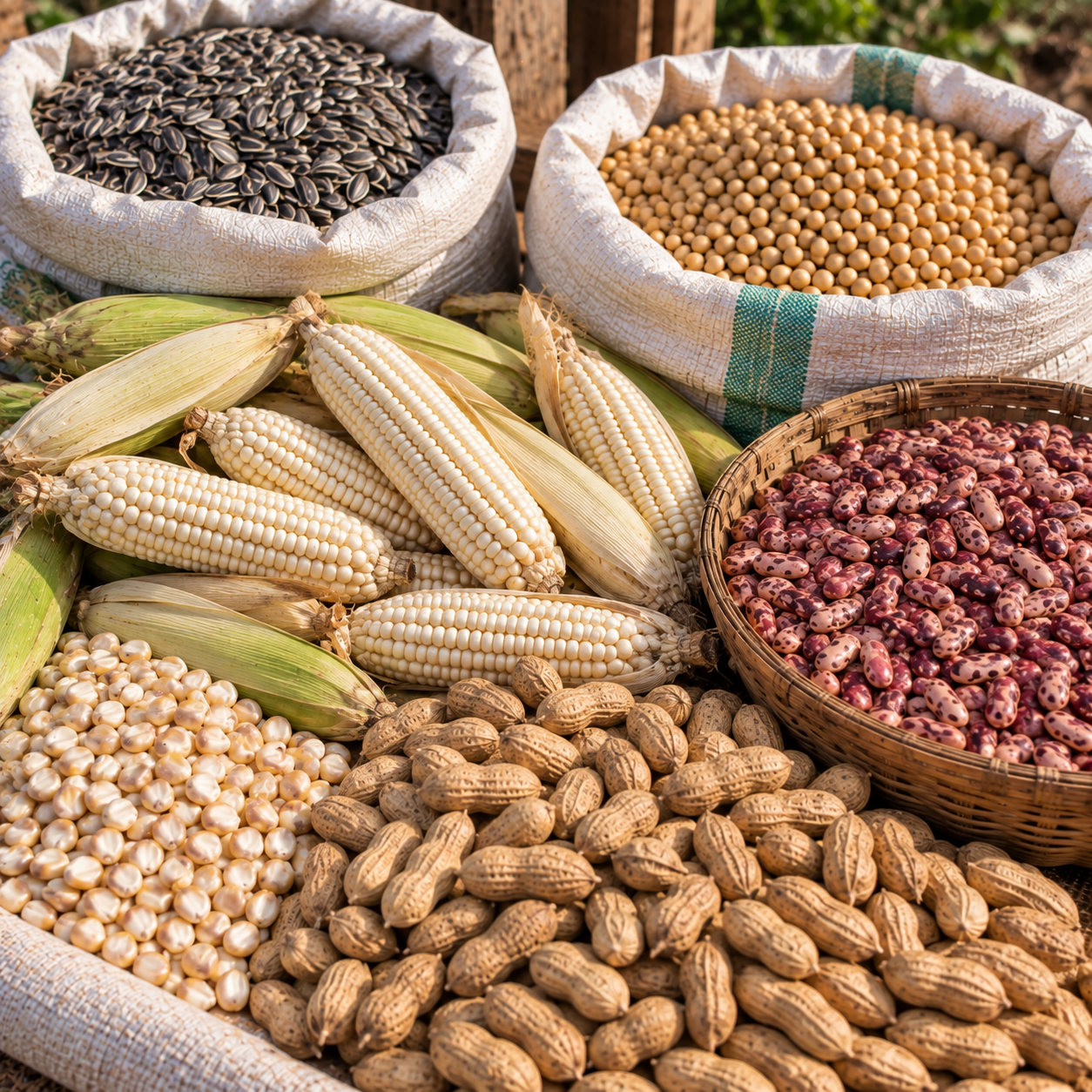 African food crops including white maize, soya beans, rose coco beans, groundnuts and sunflower seeds.