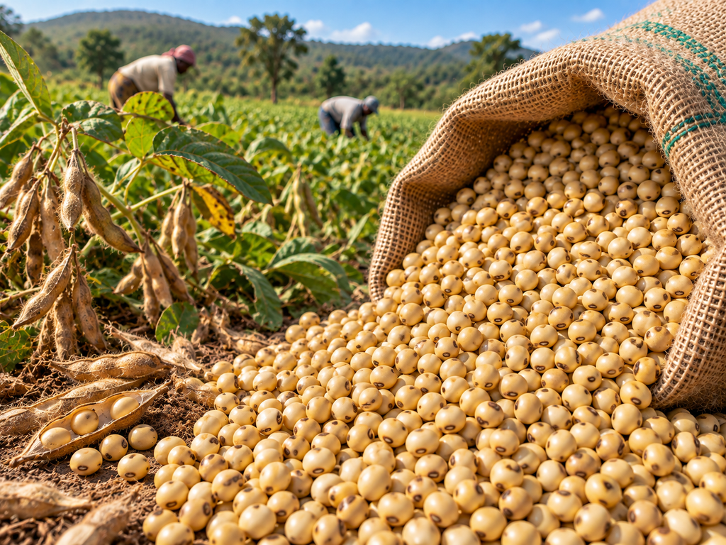 Soybeans displayed beside a cultivated agricultural field